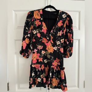 Olivaceous black floral mini dress